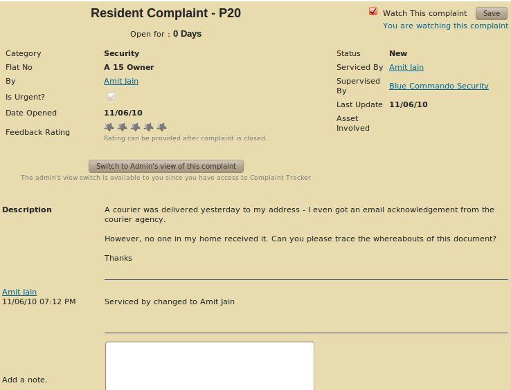 Resident's view of Complaint Tracker