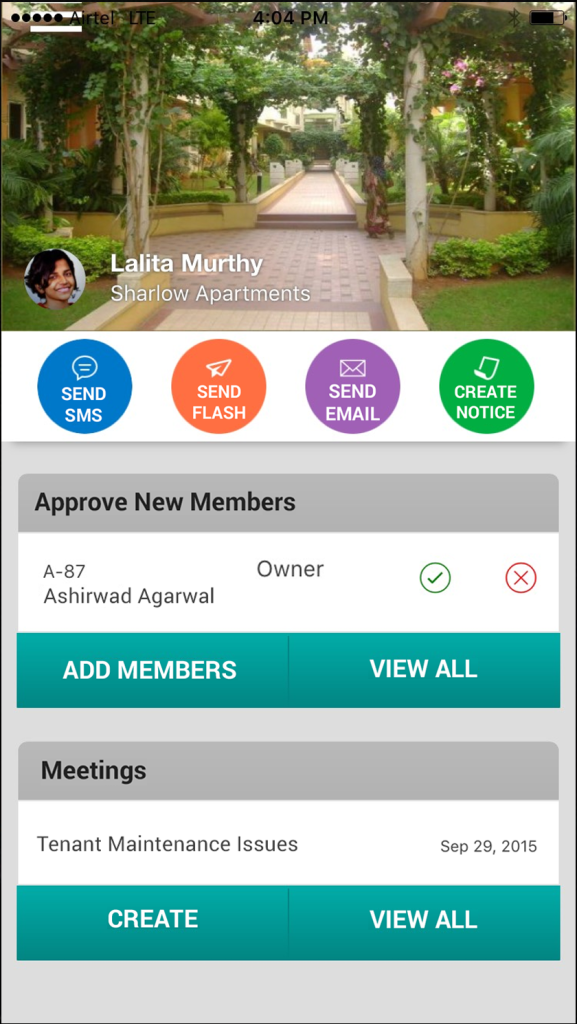 Admin App Dashboard which for Management Commitee or Association members gives view of members to be approved, meetings, etc.