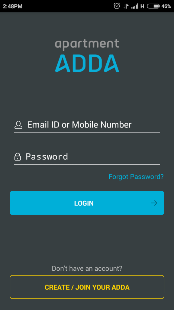 Login Screen to Apartment Complex ADDA
