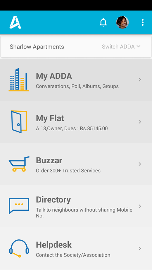 Dashboard for quick access to Neighborhood, My ADDA, Flat, Buzzar, Directory