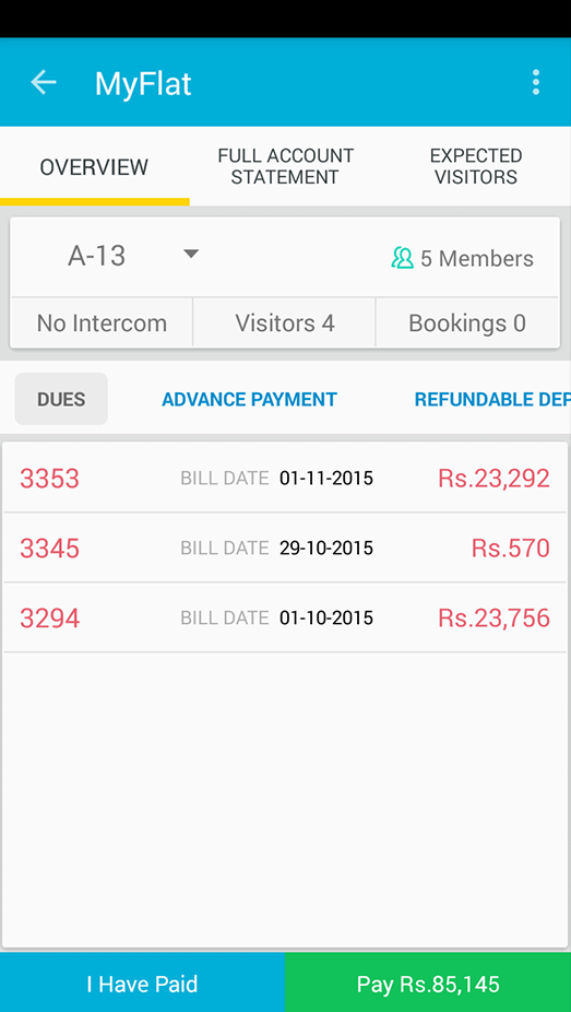 Snapshot of apartment maintenance dues, previous payments made