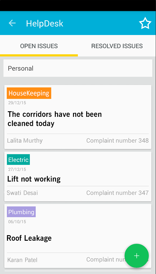 Help desk Screen to raise comlpiants to Apartment Association