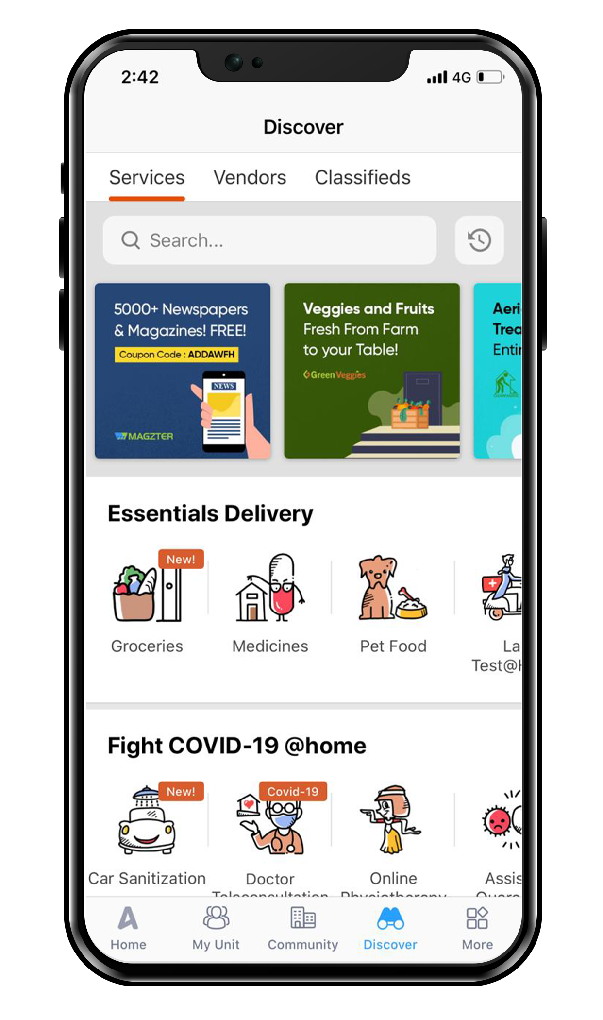 Discover feature - apartment/society management app

