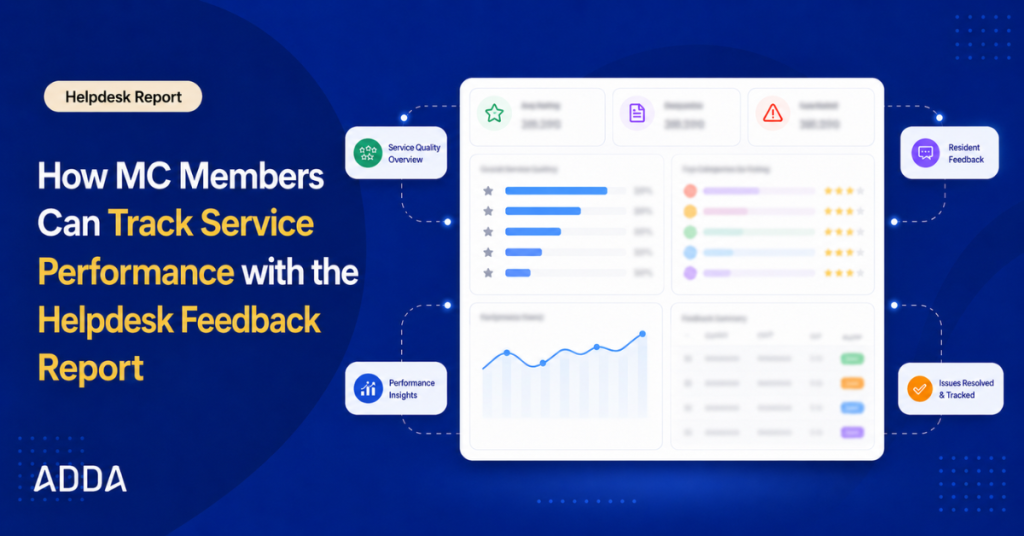 Helpdesk Feedback Report dashboard for tracking resident satisfaction and service performance in housing societies